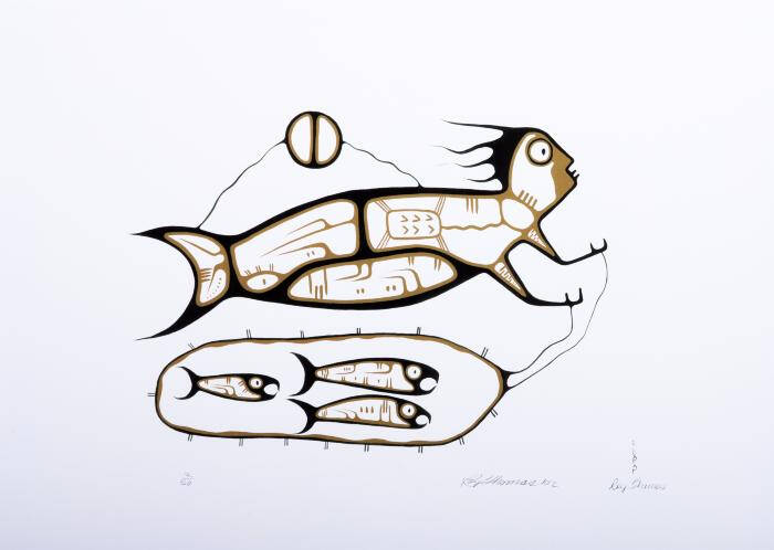 Indigenous image of a human/fish holding a net of fish.